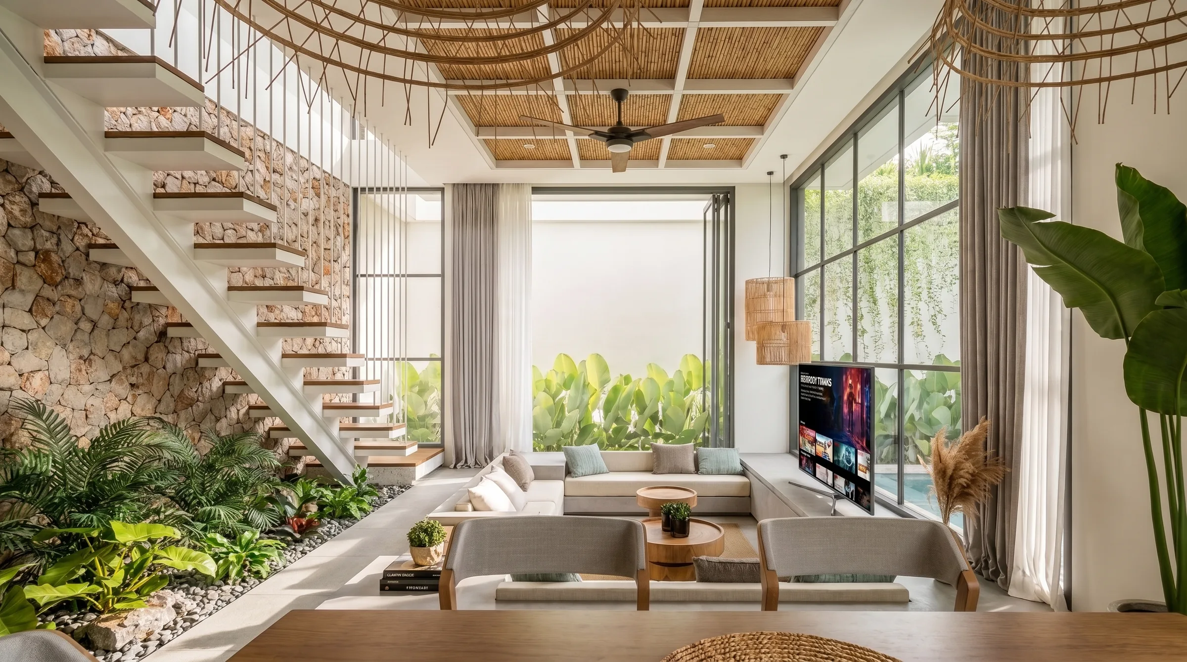 Double-height living room under a woven coffered ceiling, with a floating timber staircase against a stacked-stone wall, Villa Amala Type A