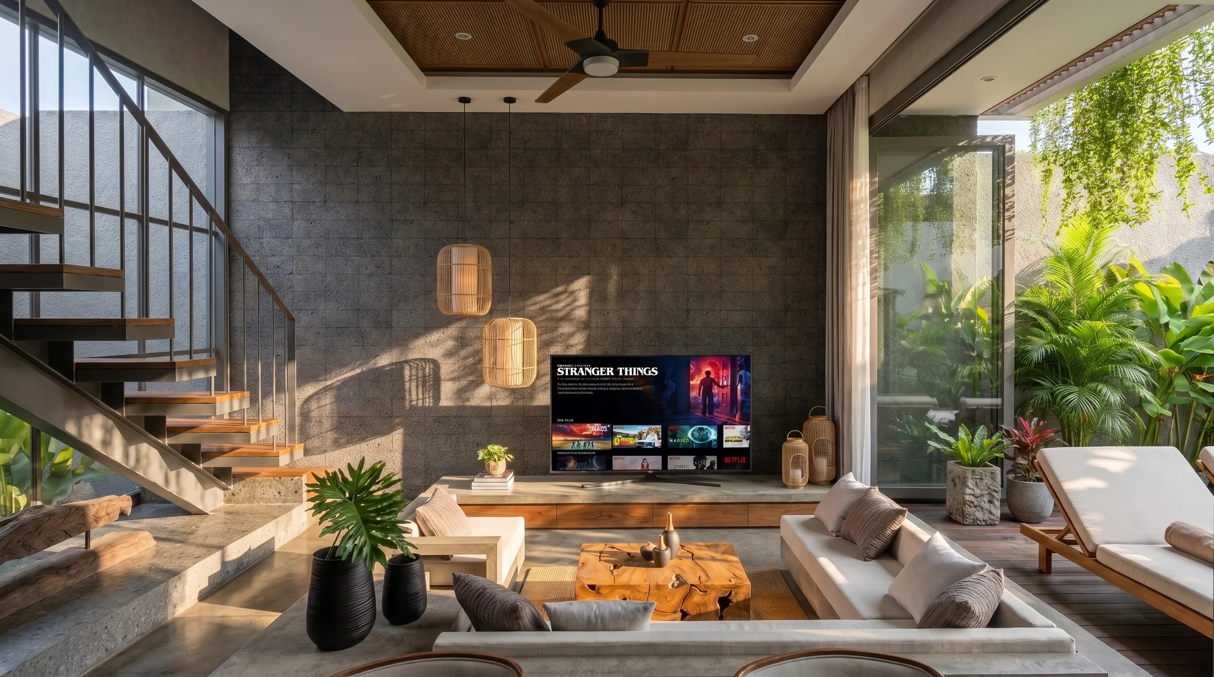 Living room with a black steel staircase against a stone-tiled wall, Villa Amala Type B