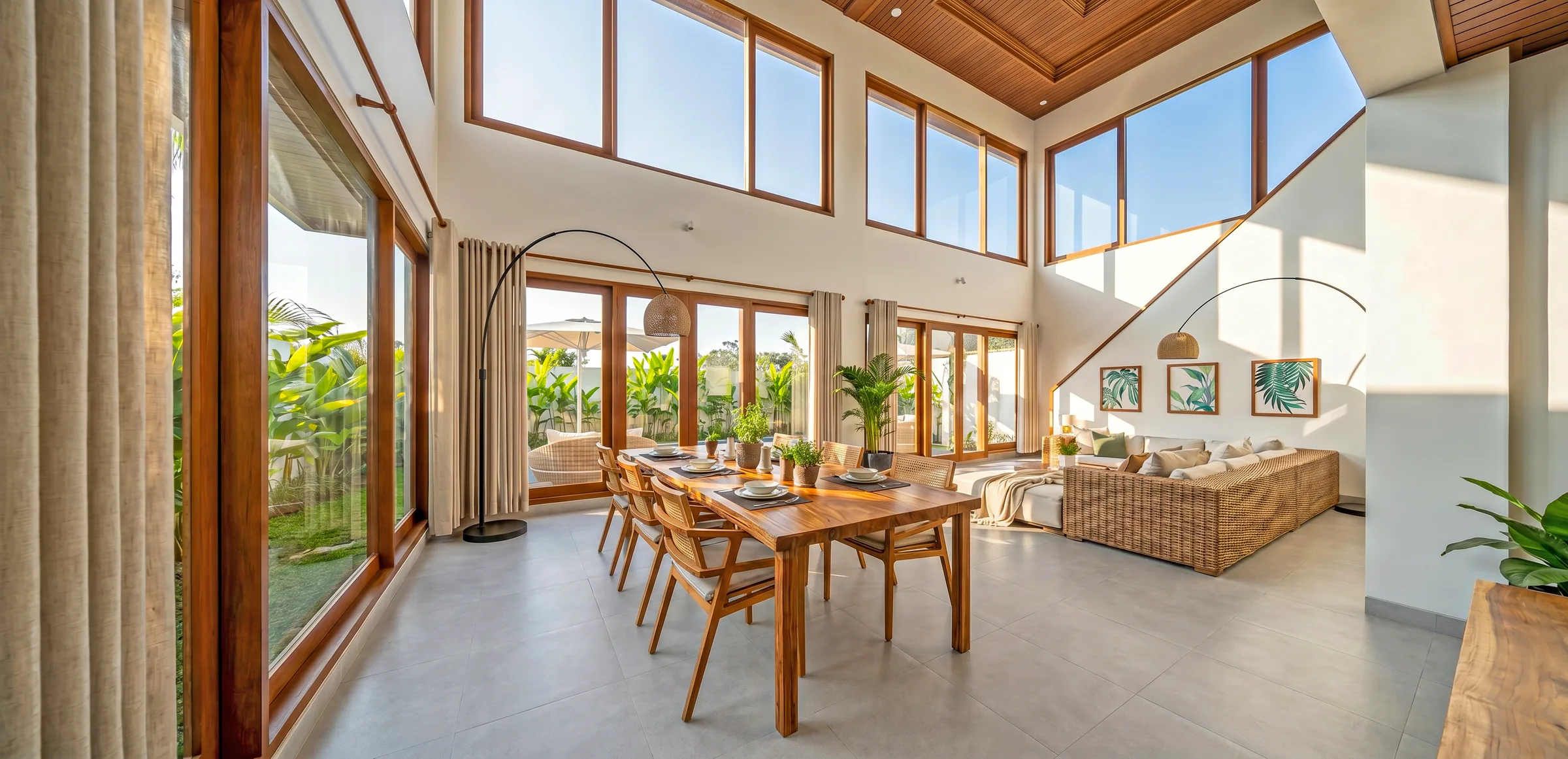 Double-height dining and living room with clerestory windows, a timber dining table and a rattan sofa