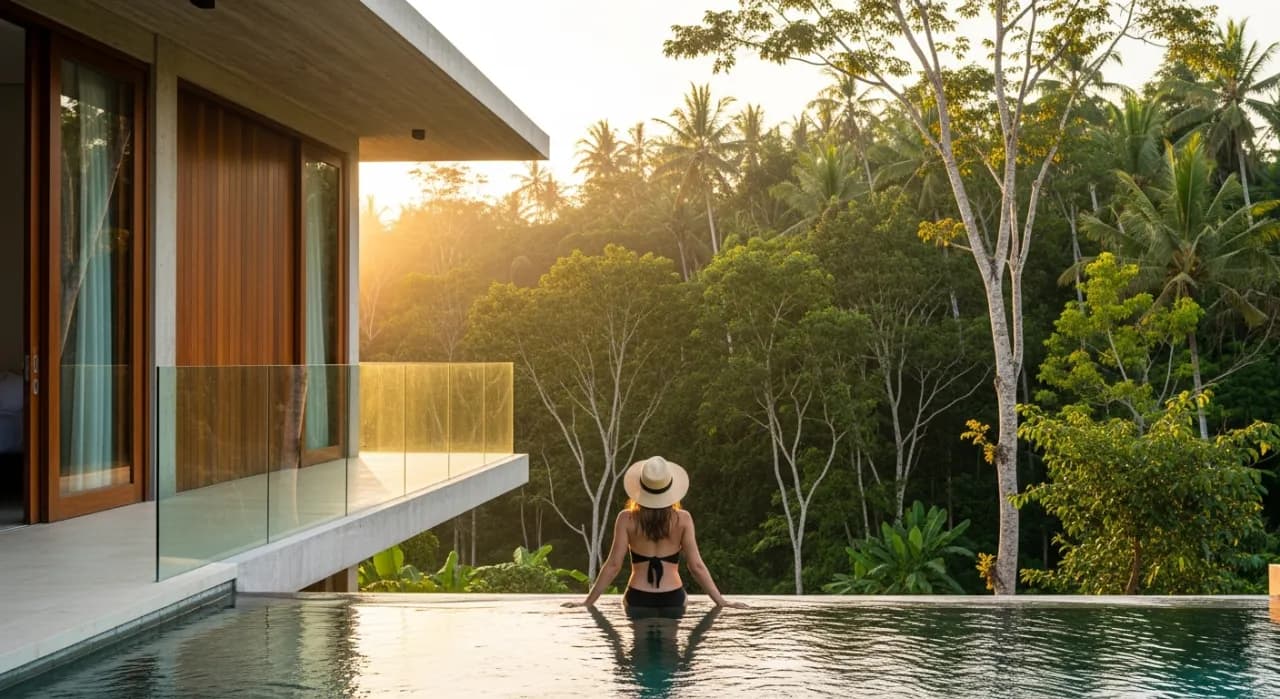 Woman relaxing at infinity pool overlooking Bali jungle