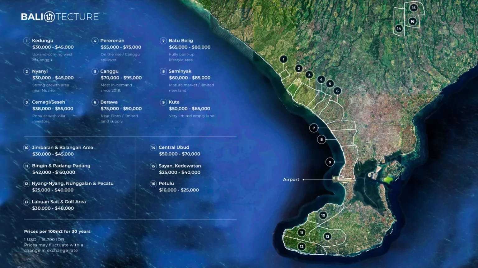 Satellite map of Bali's south-west coast with land areas marked